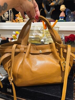 Valentina Pebbled Leather Satchel in Tan